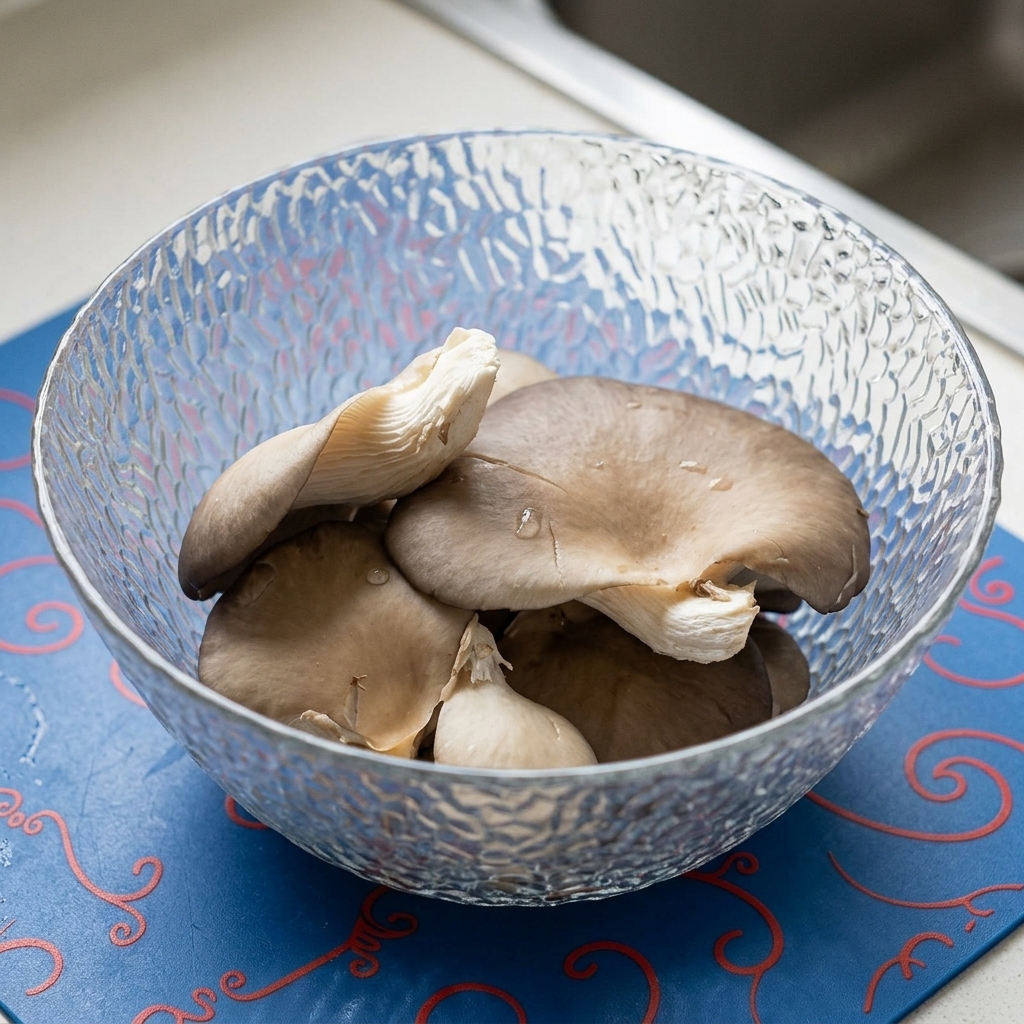 Fresh oyster mushrooms sitting in a clear glass bowl, wet from being washed with a starch and water mixture.