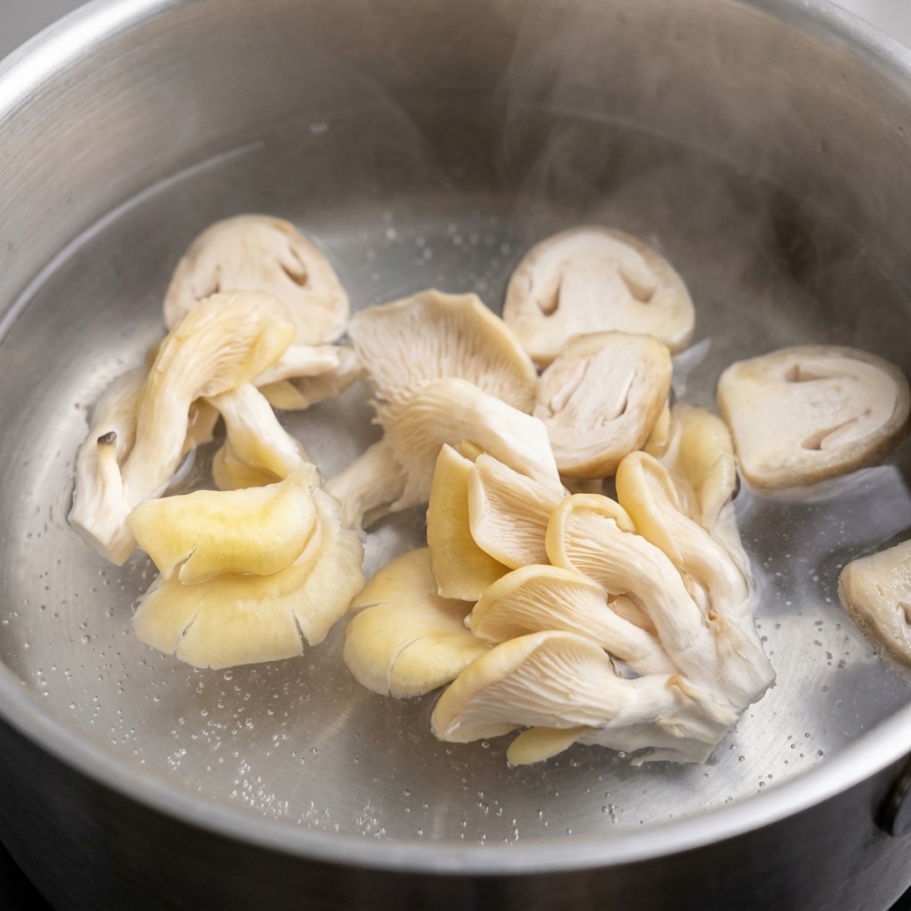 Fresh mushrooms being boiled in a pot of water.