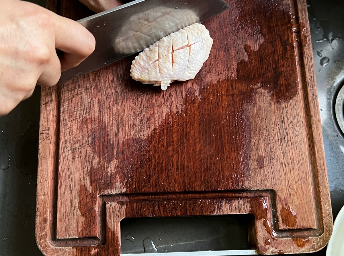 A raw chicken wing being scored with a meat cleaver on a wooden cutting board.