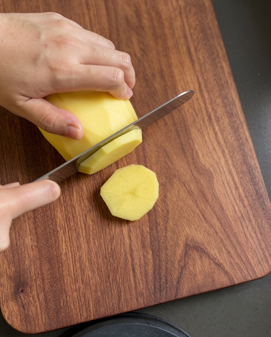 Thin raw potato rounds being sliced on a wooden cutting board.
