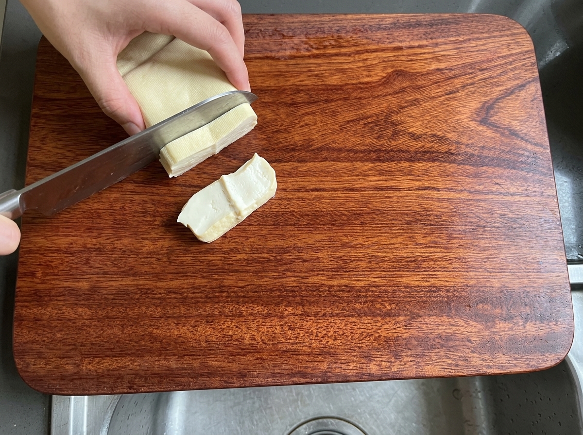 A block of firm white tofu being sliced into strips on a wooden cutting board.