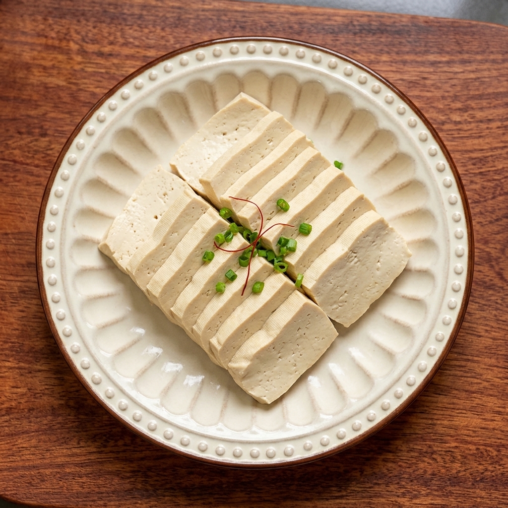 Slices of firm tofu neatly arranged on a decorative white ceramic plate, ready for grilling.