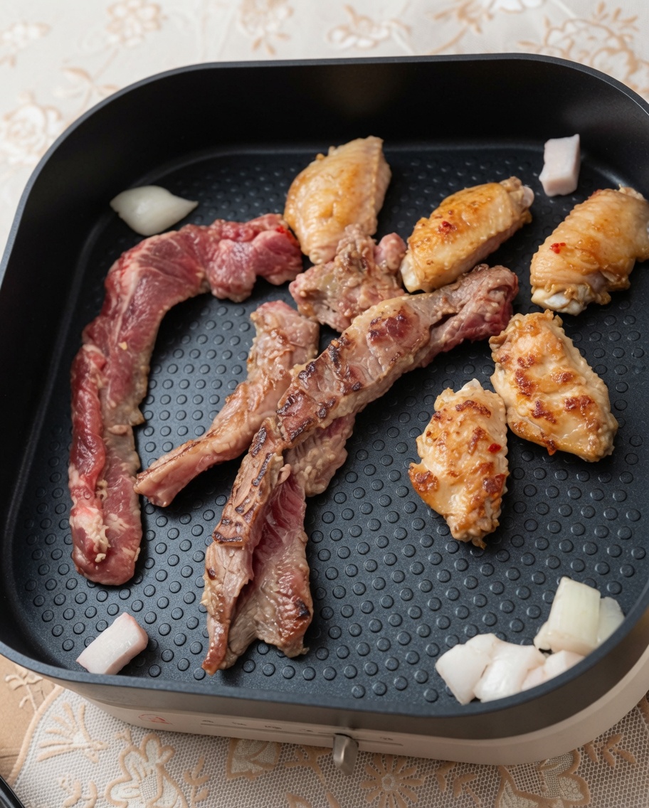 Marinated steak strips and chicken wings cooking on a non-stick square electric grill.