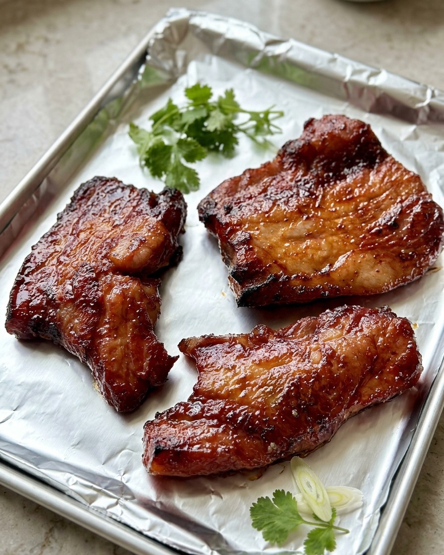 A silicone brush applying a glossy layer of honey over the surface of browned, air-fried pork belly strips.