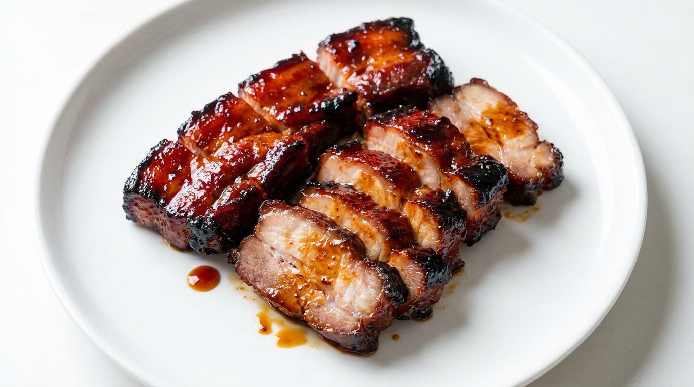 Slices of tender, honey-glazed char siu pork belly with a caramelized finish.