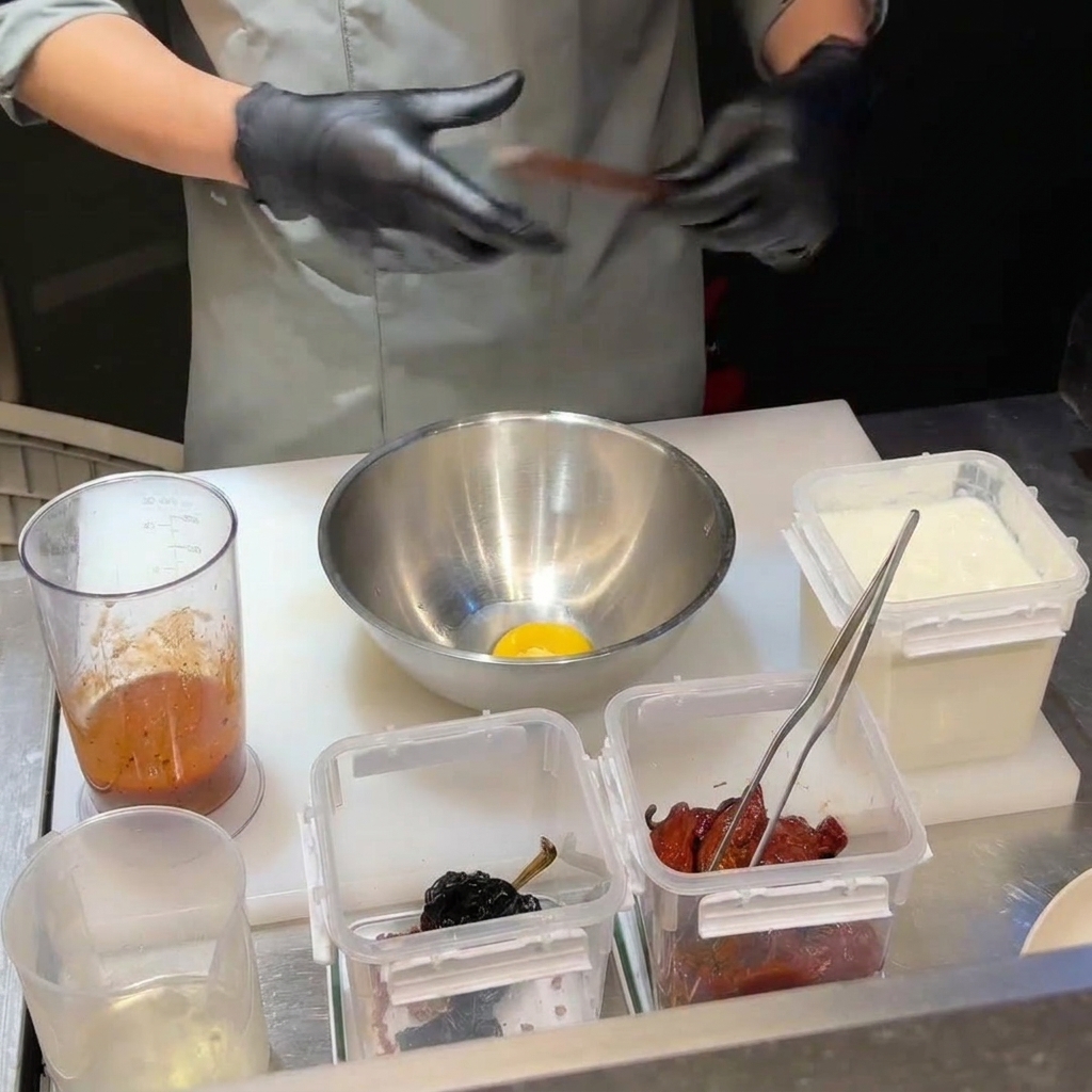 Emulsifying egg yolk, parmesan, and chili base with oil in a stainless steel bowl.