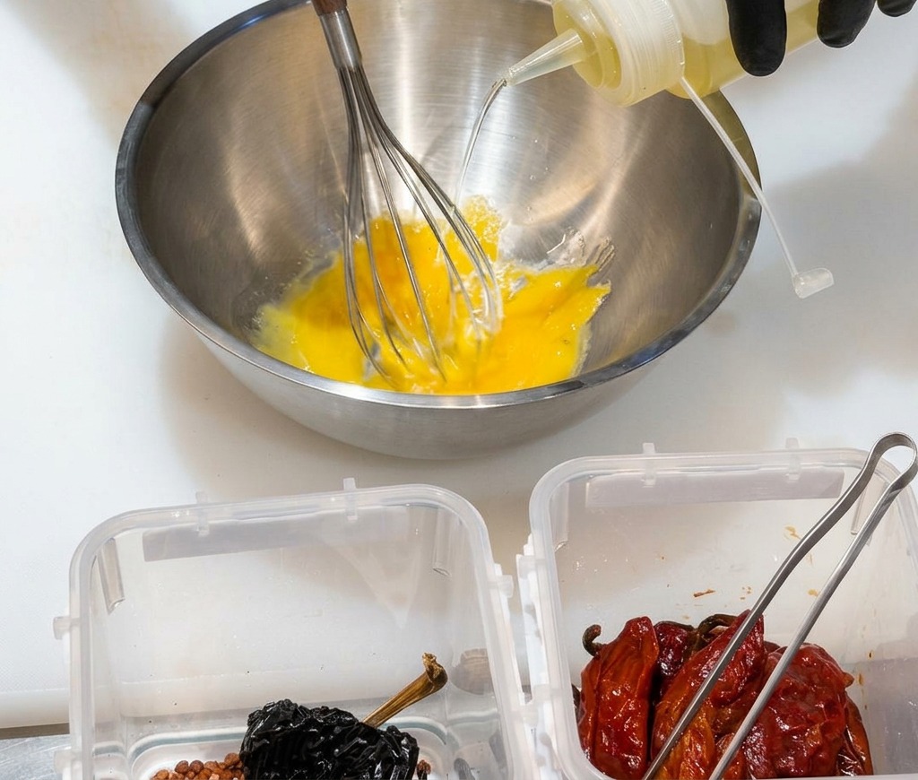 Whisking an egg mixture in a metal bowl while drizzling in clear oil from a squeeze bottle.