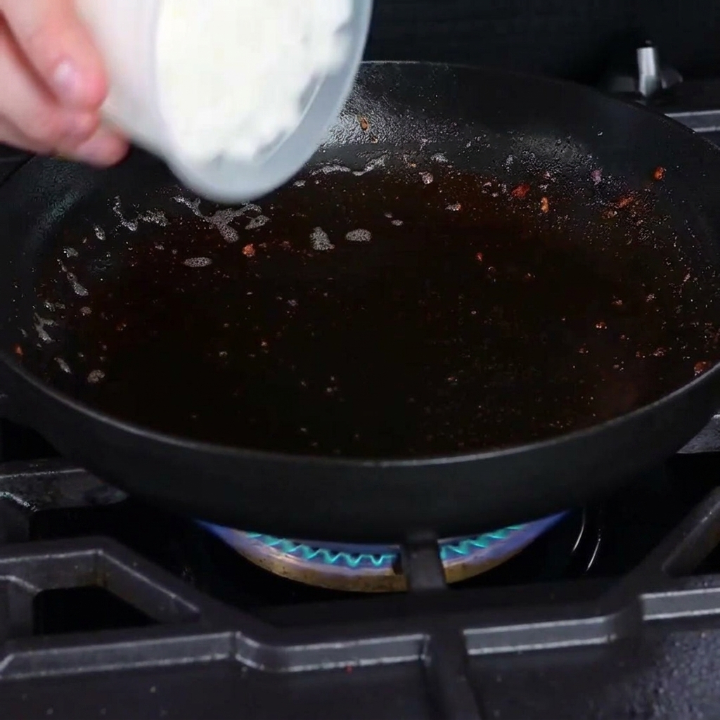 Diced white onions sautéing in a cast iron pan.
