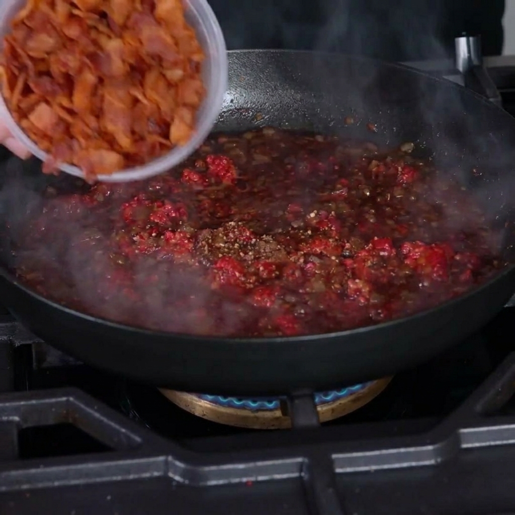 Bacon bits being mixed into the simmering onion and raspberry reduction.