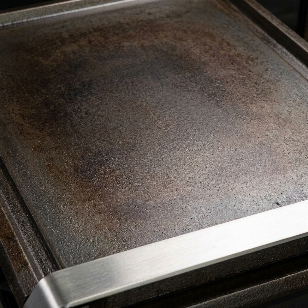 Ground beef patties sizzling on a hot, seasoned cast iron griddle.