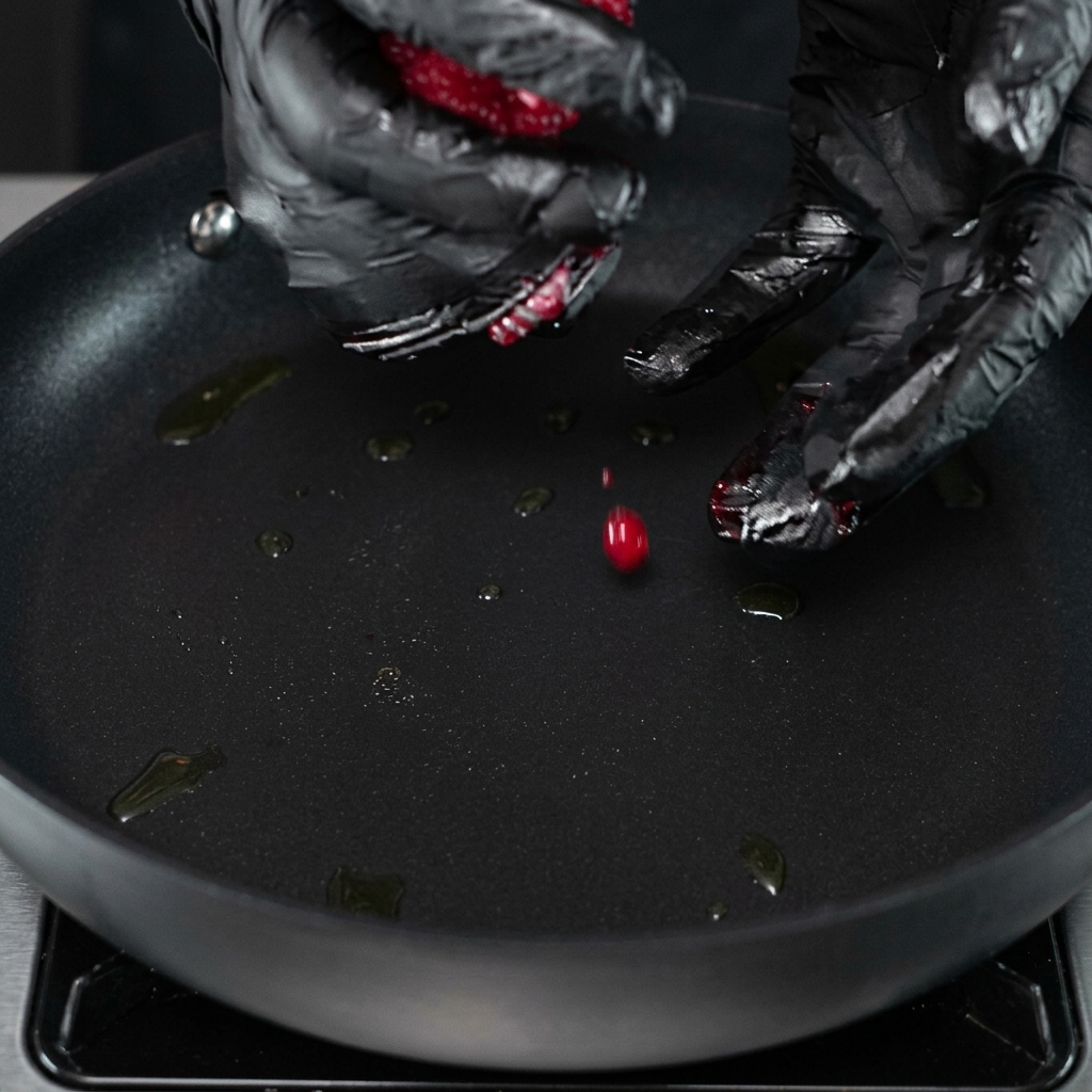 A raw ground beef meatball being placed into a seasoned hot skillet.