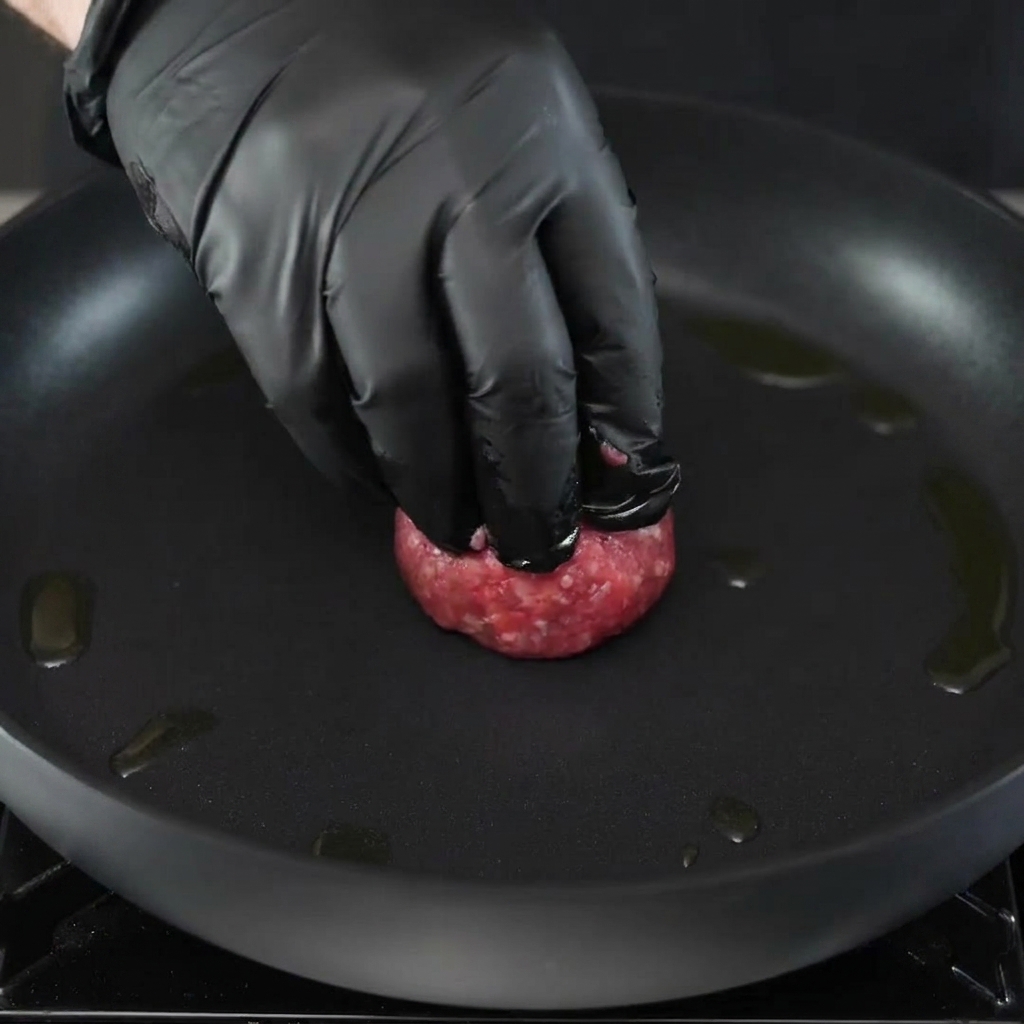 A metal press flattening a beef meatball into a thin patty in a hot skillet.