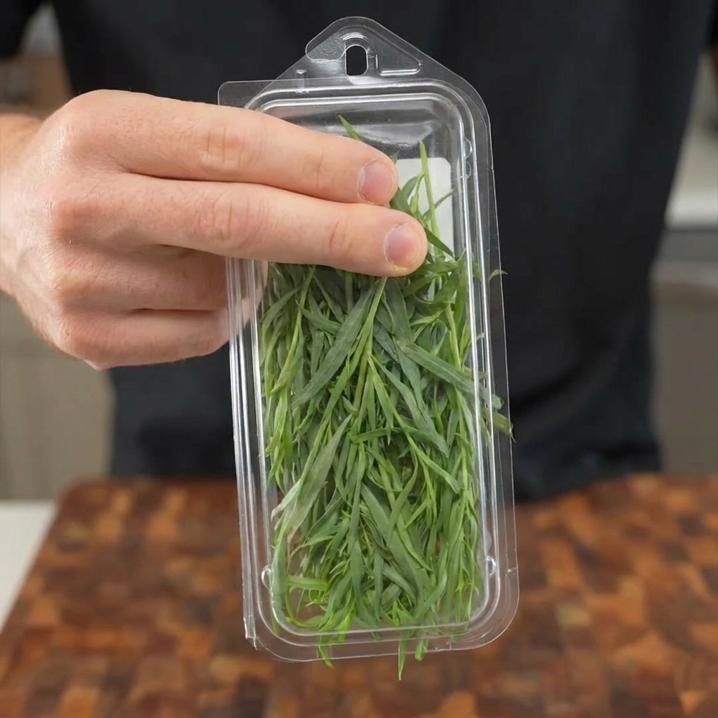 Fresh green herbs being finely chopped with a sharp chefs knife on a wooden cutting board.