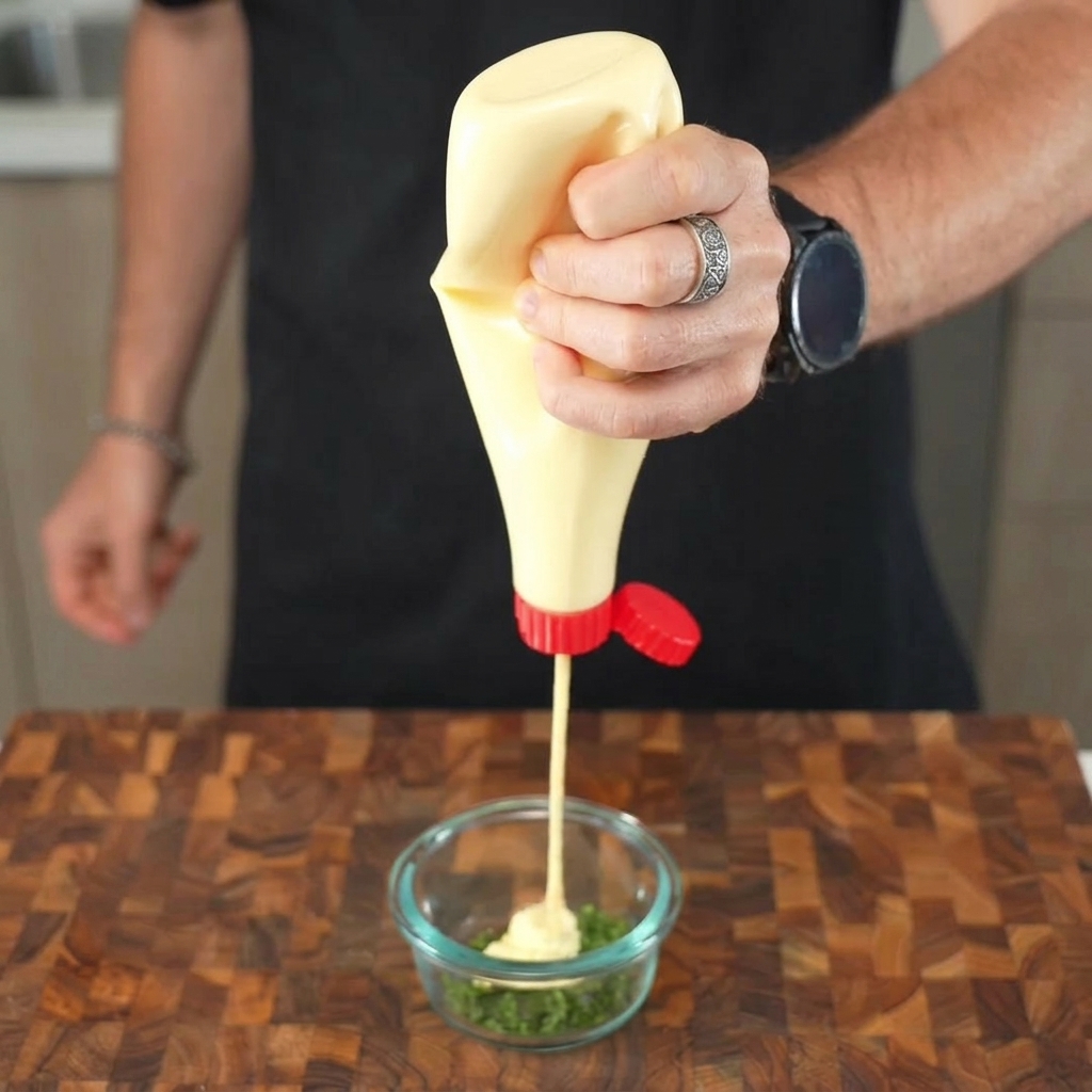 Mayonnaise, mustard, and lime juice being mixed with fresh herbs in a small glass bowl.