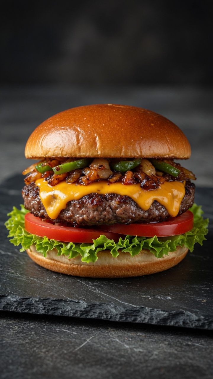 A gourmet Mexican chili cheese burger featuring a juicy beef patty, melted cheddar, and charred peppers on a toasted bun.