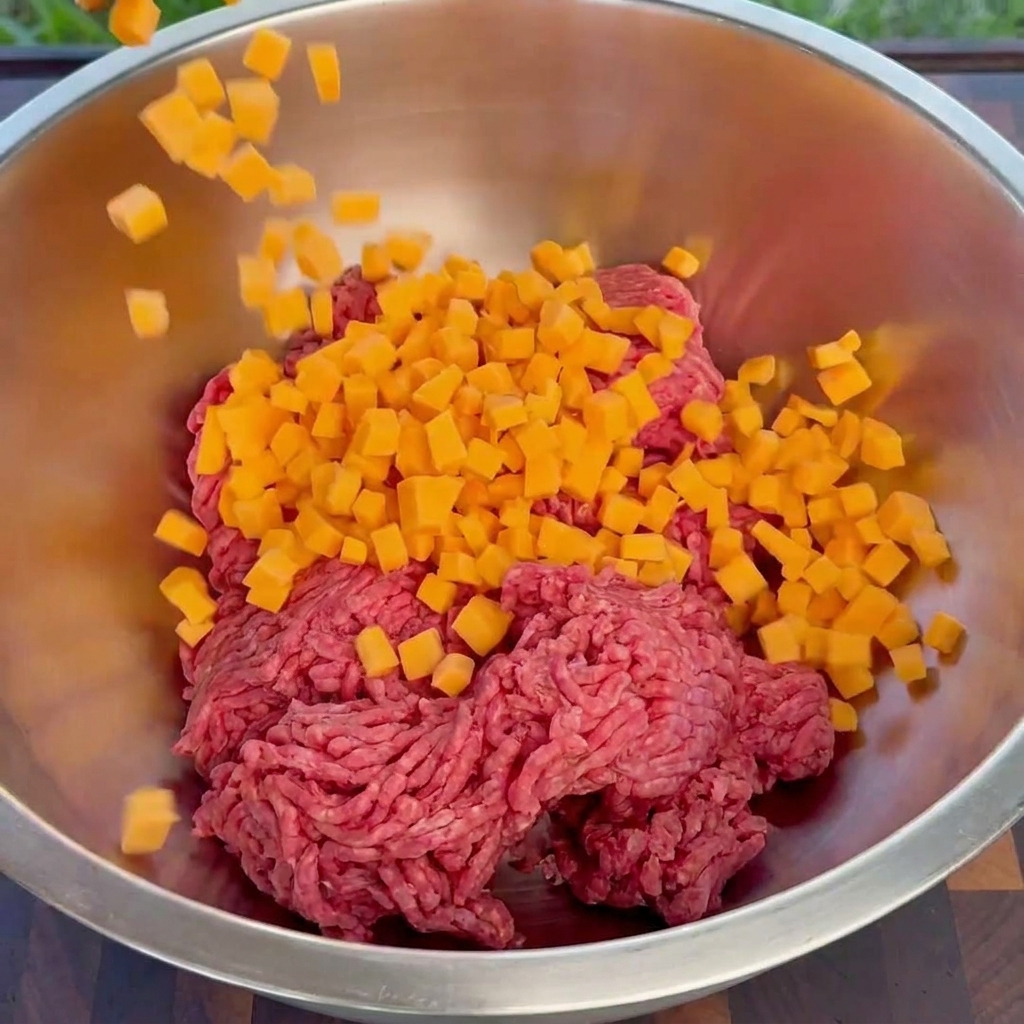 Cubes of orange cheddar cheese being dropped into a stainless steel bowl filled with ground beef.