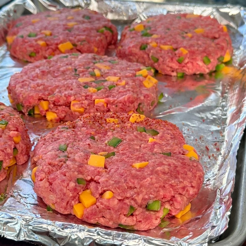 Four thick raw beef patties studded with cheese and peppers, lightly coated in a red BBQ rub on a foil-lined tray.