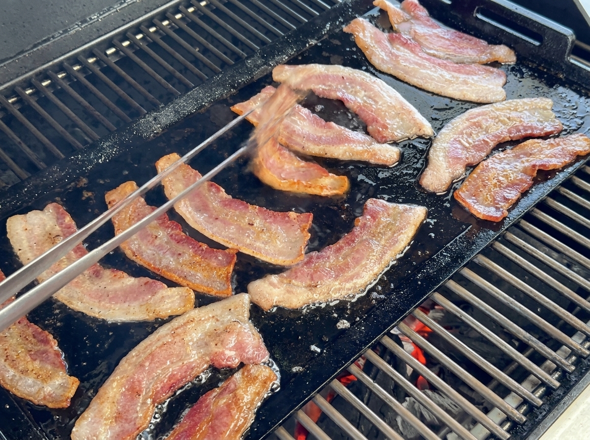 Strips of thick-cut bacon sizzling on a cast iron griddle, being flipped with metal tongs.