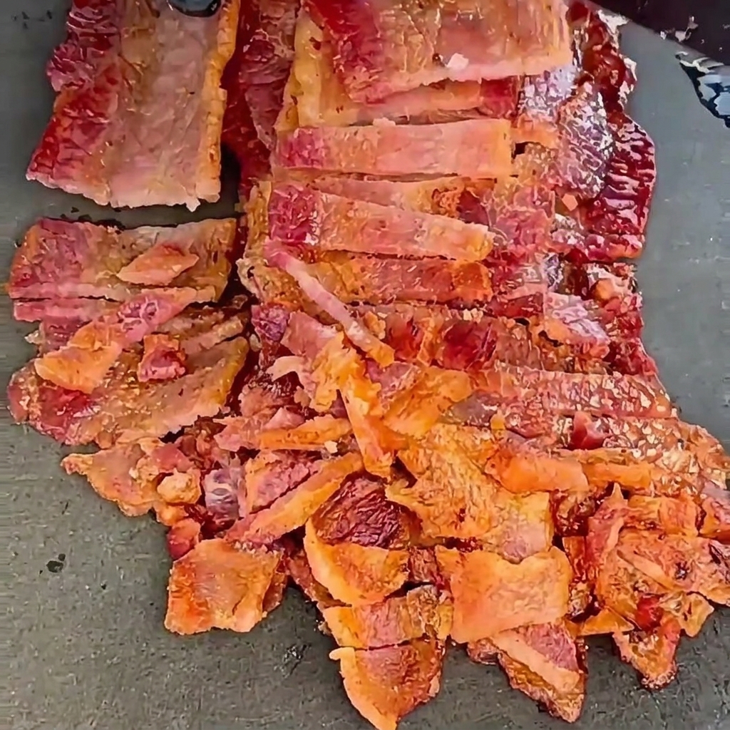 Crispy, cooked bacon strips that have been roughly chopped into small bits on a dark surface.