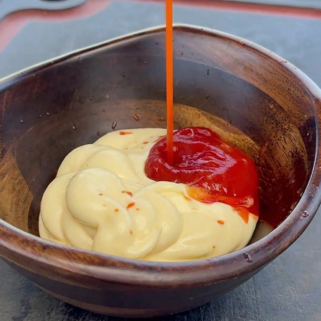 Red ketchup being poured into a small wooden bowl containing creamy mayonnaise.