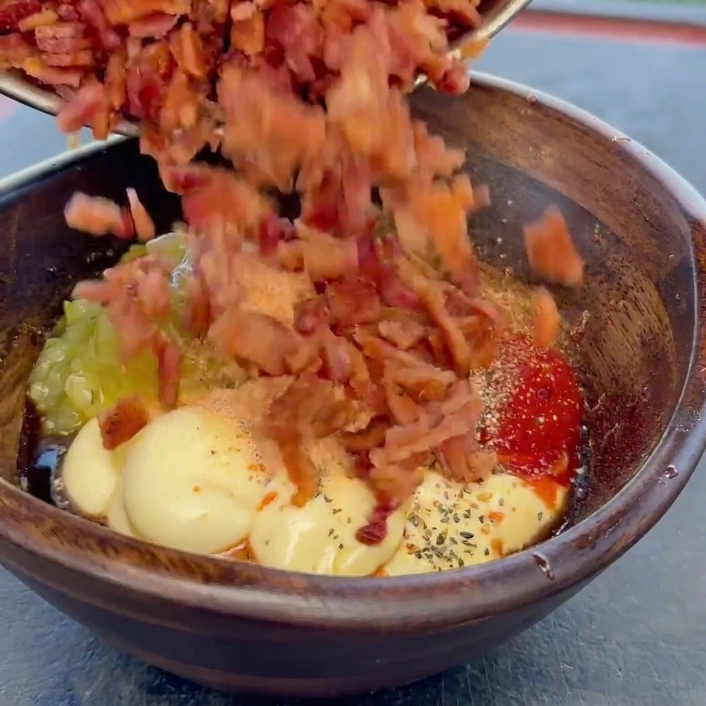 Chopped crispy bacon bits falling into a wooden bowl filled with a seasoned, creamy burger sauce.