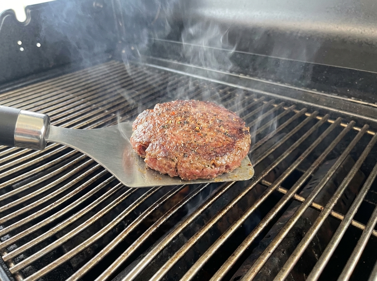 A thick, browned beef patty being turned over on the grill.