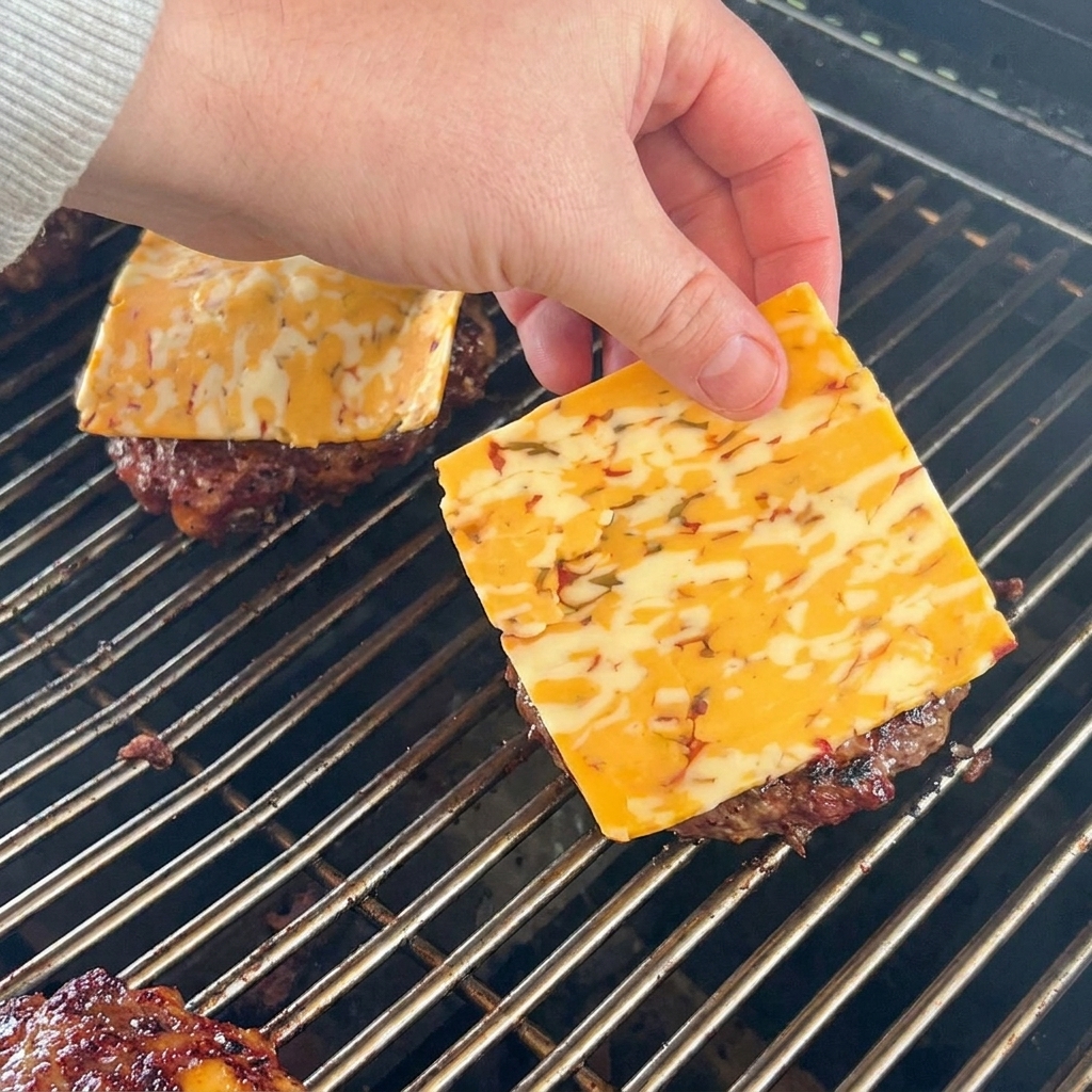 A slice of marbled cheddar cheese being placed onto a hot, cooking beef patty.