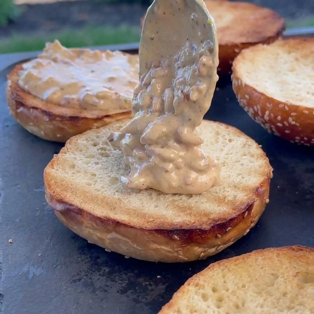 Creamy bacon sauce being spread onto a toasted burger bun.
