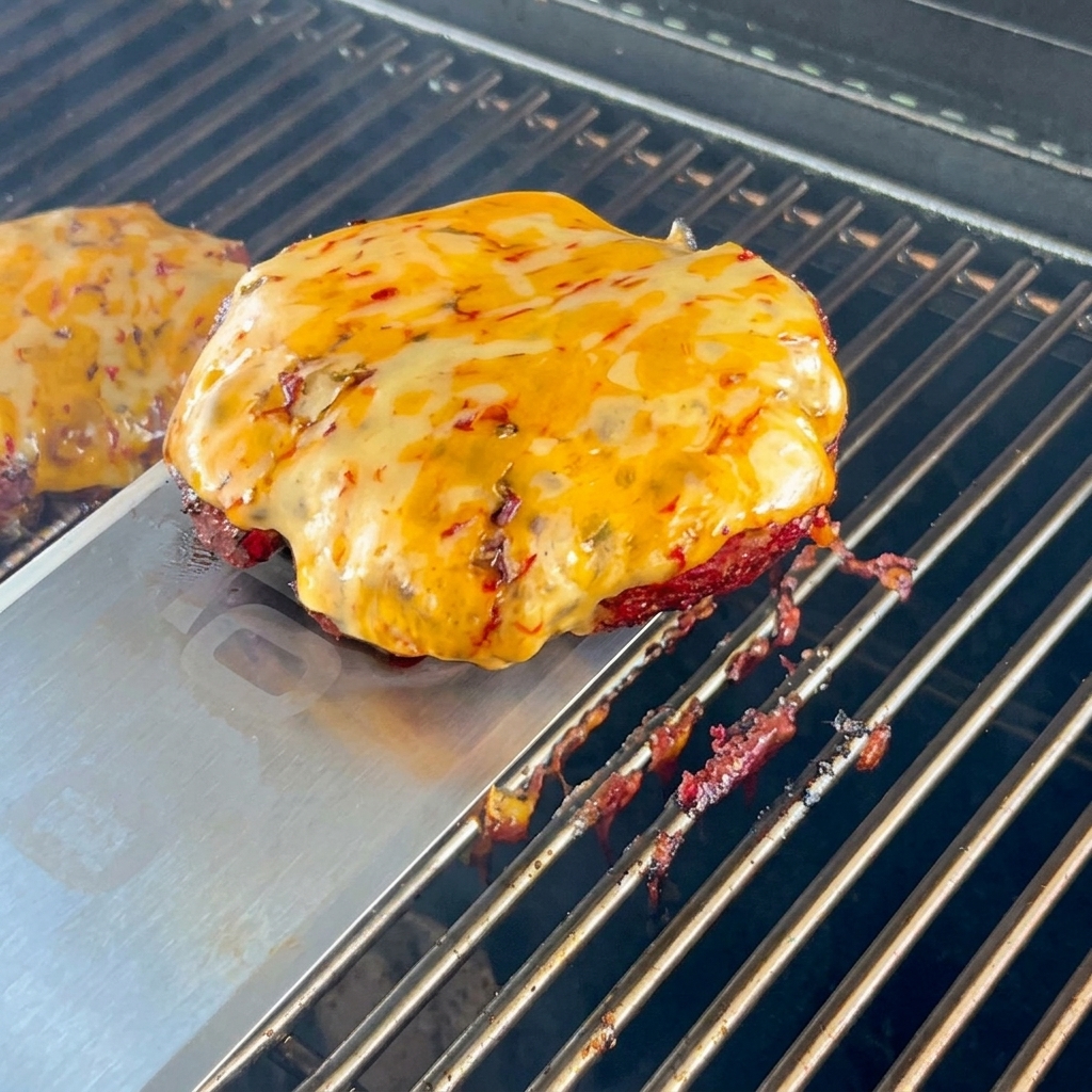 A cooked beef patty with melted cheese being placed onto a bun.