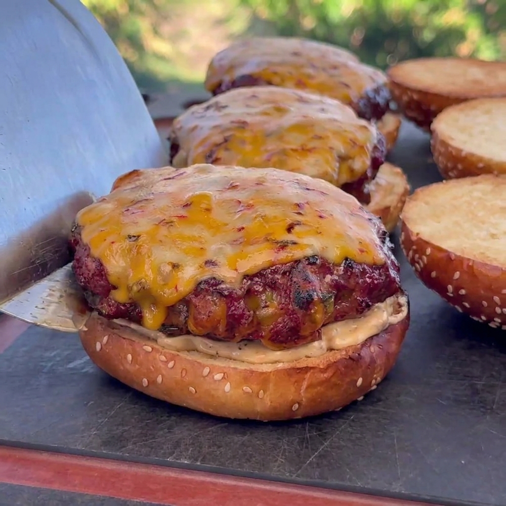 An additional spoonful of sauce being added to the top of the cheese-covered burger patty.