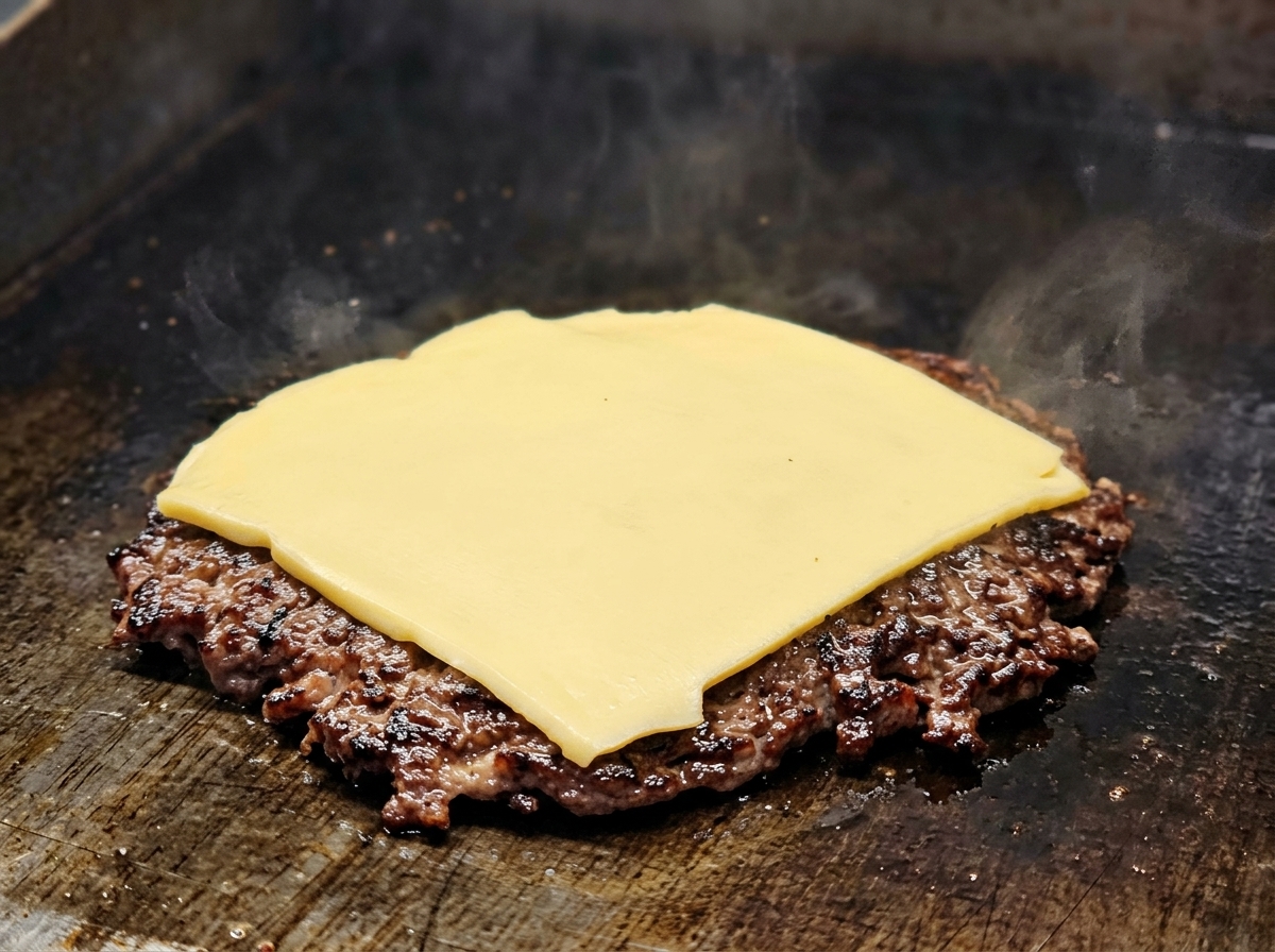 A slice of yellow cheese beginning to melt over a browned, crispy beef patty.