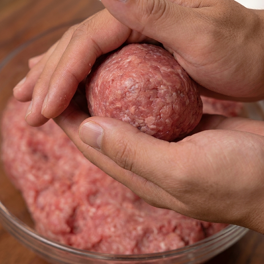 Seasoning being sprinkled from a shaker onto a raw, flattened beef patty.