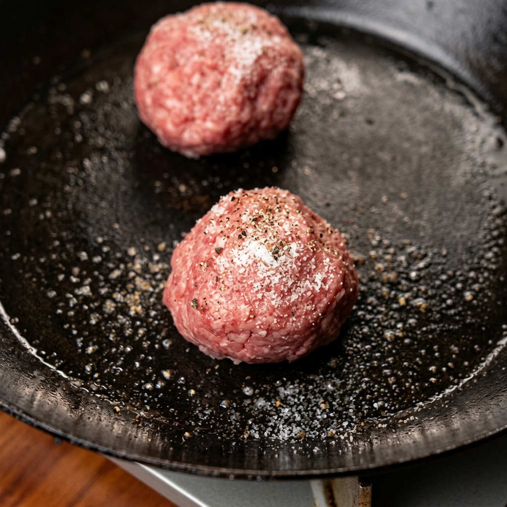 Burger buns toasting in a skillet.