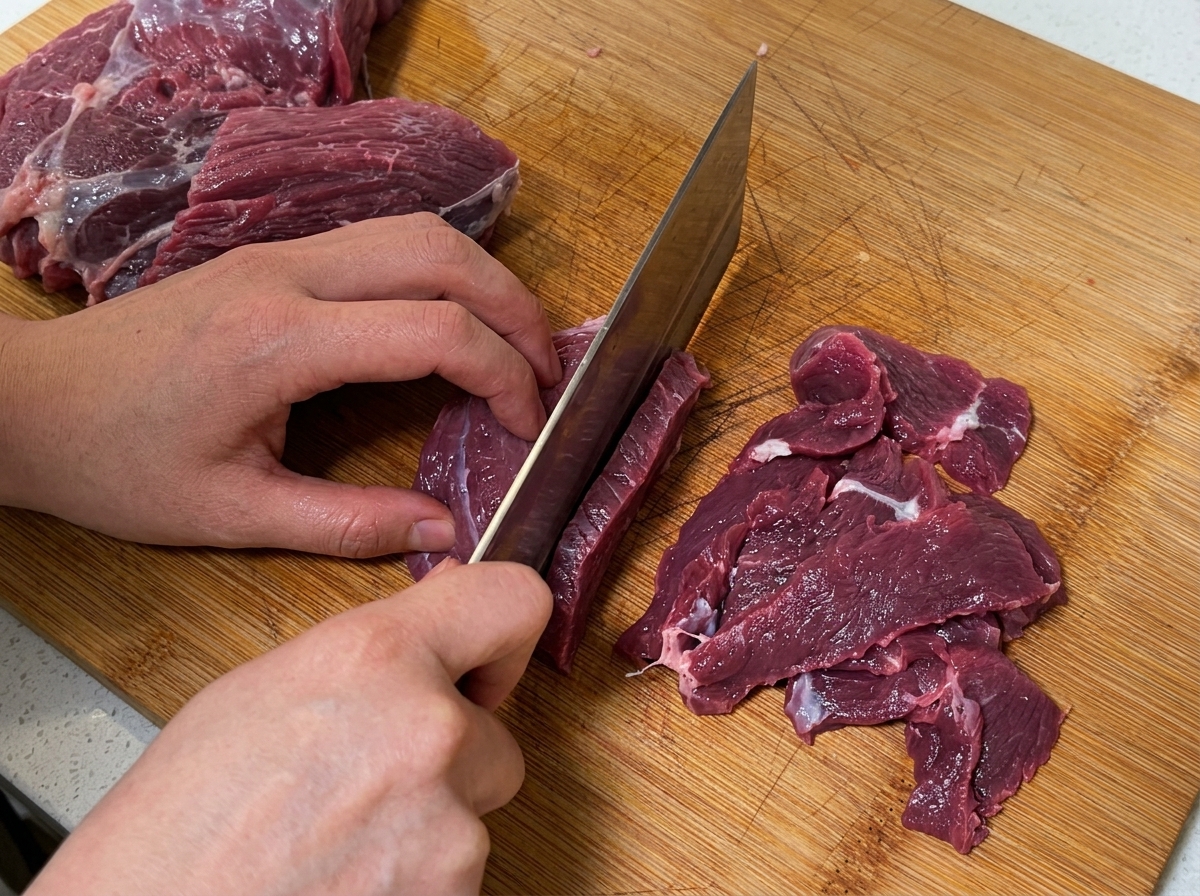 A persons hands using a cleaver to slice a large piece of fresh raw beef into smaller strips on a wooden cutting board.