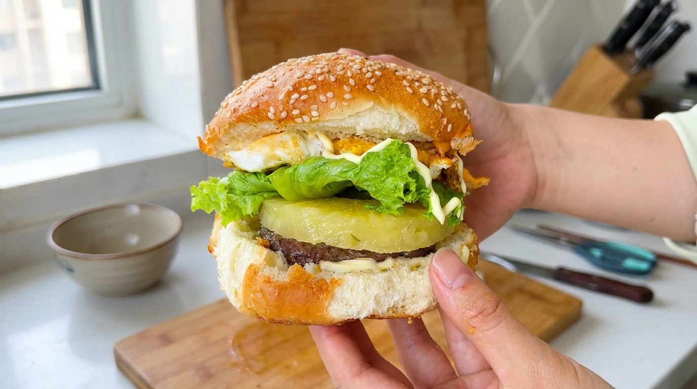 A towering homemade burger stacked with a juicy beef patty, grilled pineapple, fresh lettuce, and a sunny-side-up egg.