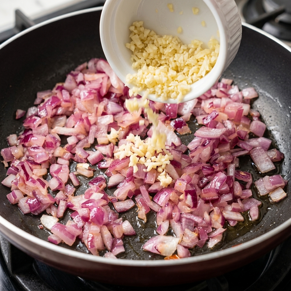 Freshly minced garlic being poured into a pan with sautéed red onions.