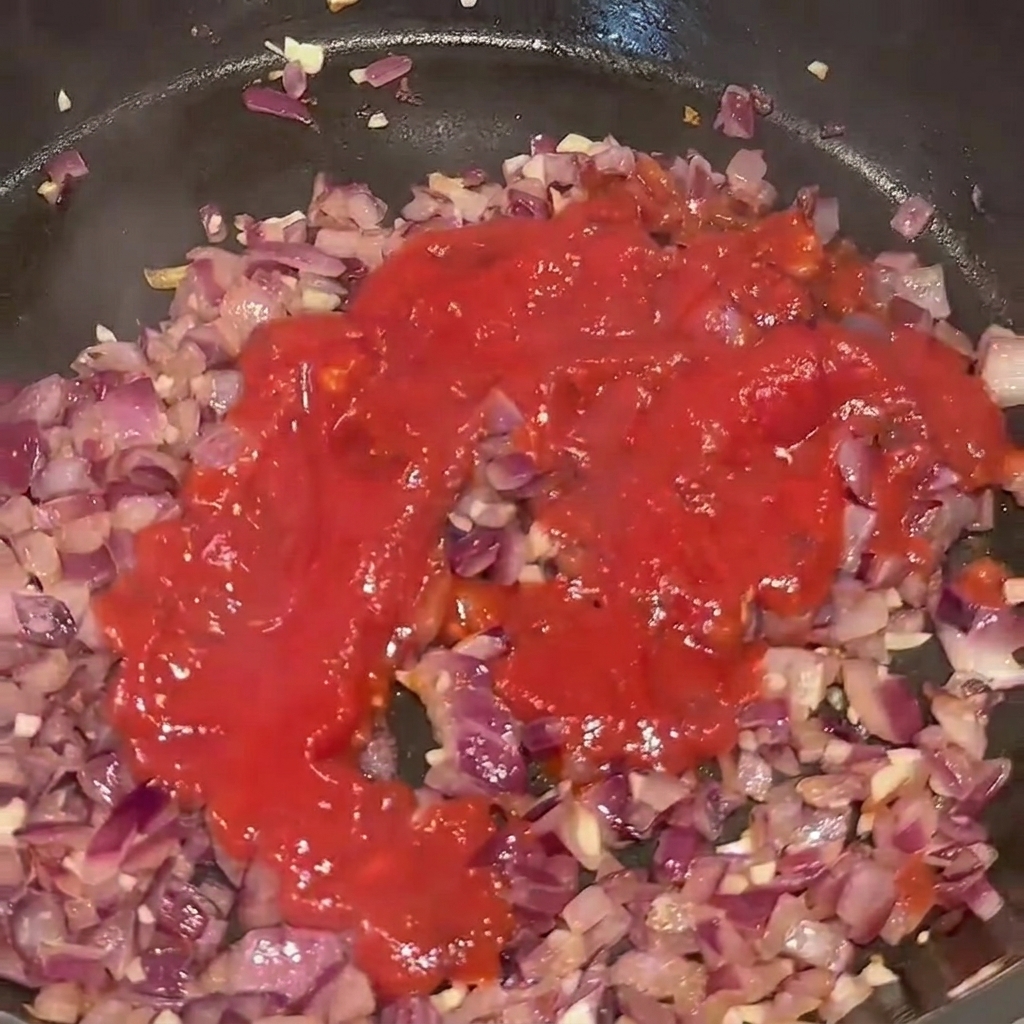 Tomato puree being poured into a pan containing cooked onions and garlic.