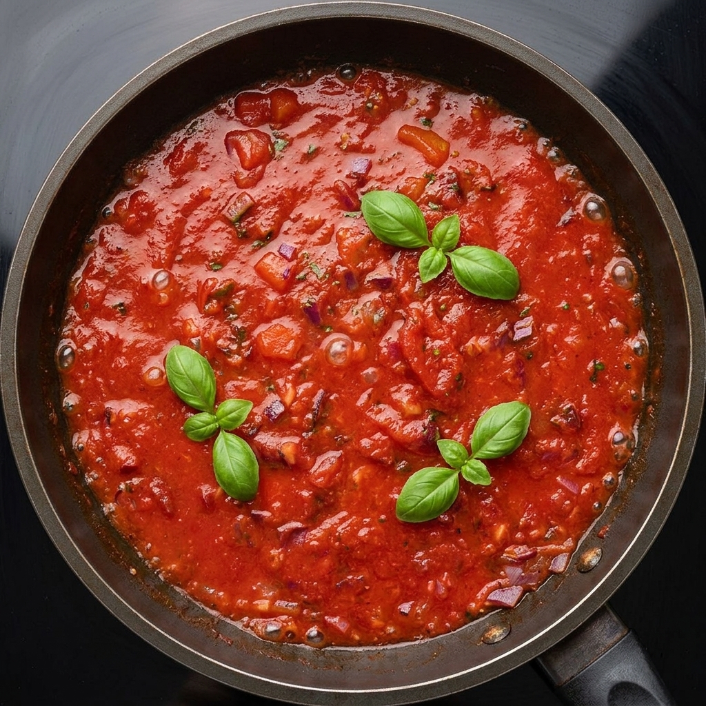 Sugar and dried Italian herbs being sprinkled into a simmering tomato sauce.