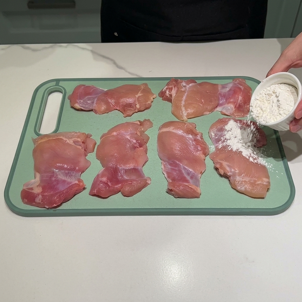 Chicken breasts or thighs evenly coated with a thin layer of flour on a cutting board.