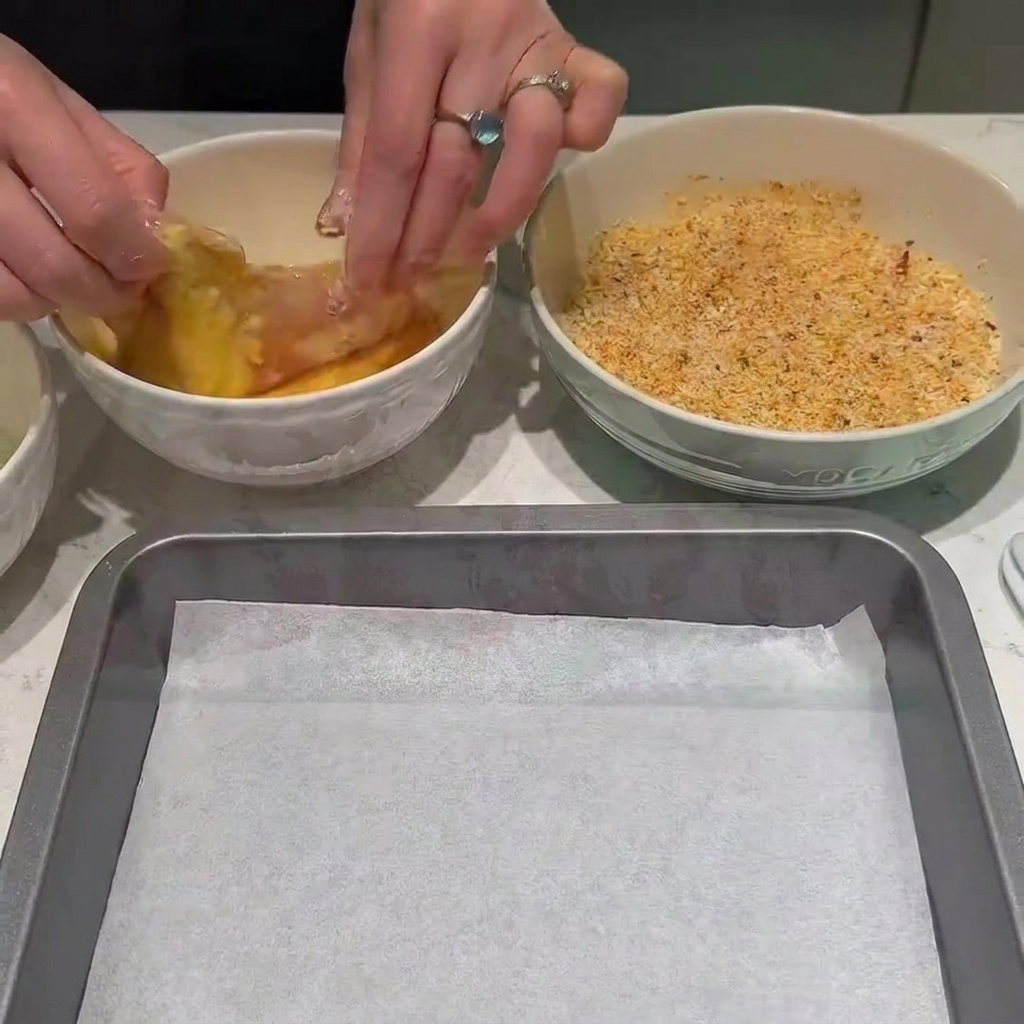 Chicken pieces being dipped into a bowl of beaten egg and then pressed into a bowl of seasoned breadcrumbs.