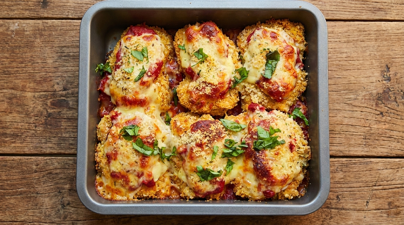 Golden-brown breaded Parmesan chicken topped with melted cheese, tomato sauce, and fresh basil.