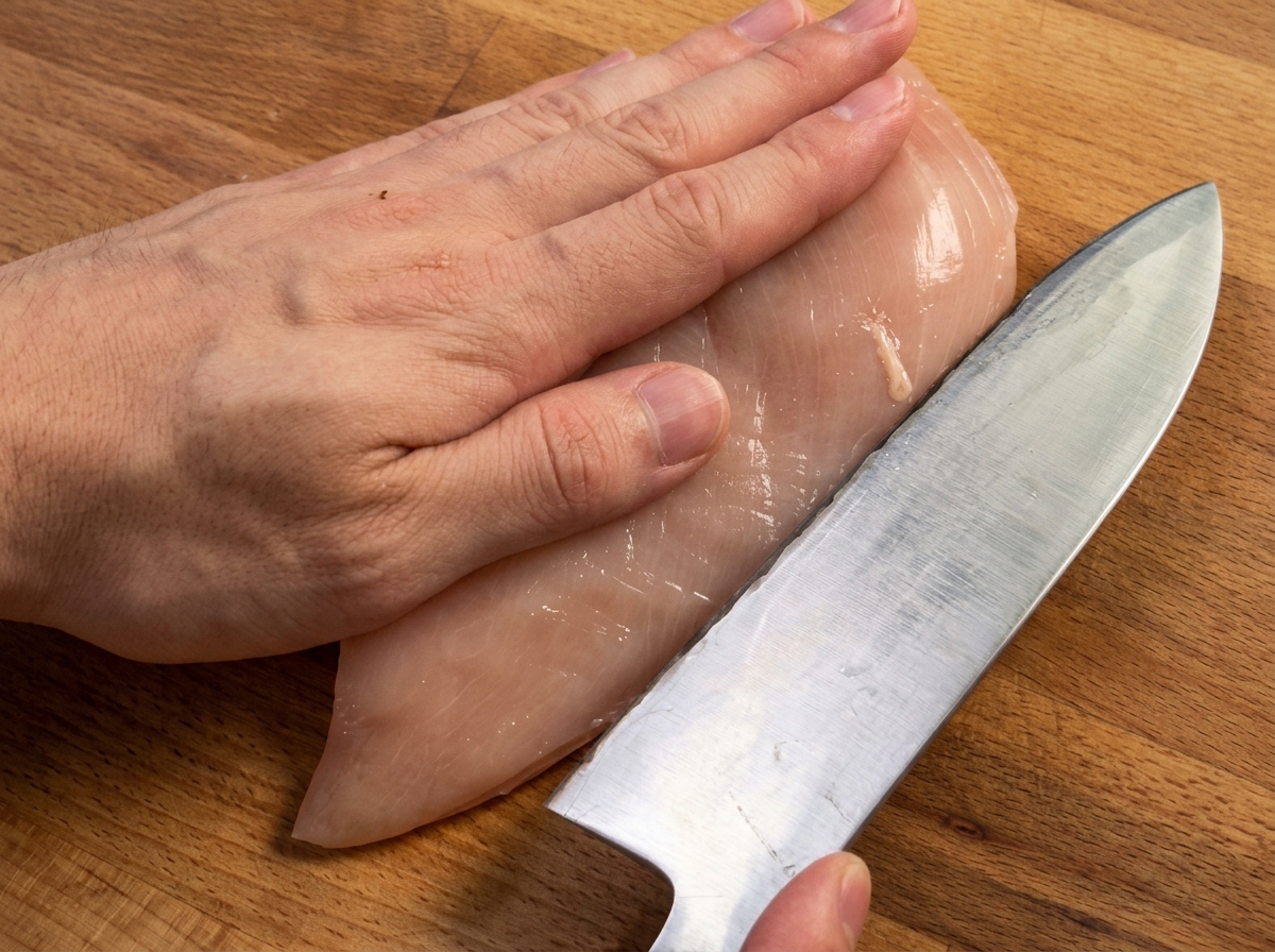 A hand holding a chefs knife ready to slice a raw chicken breast horizontally on a wooden board.