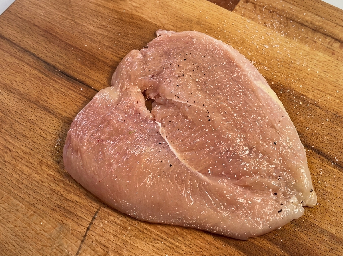 Freshly ground black pepper and salt being sprinkled over a raw chicken breast on a wooden surface.