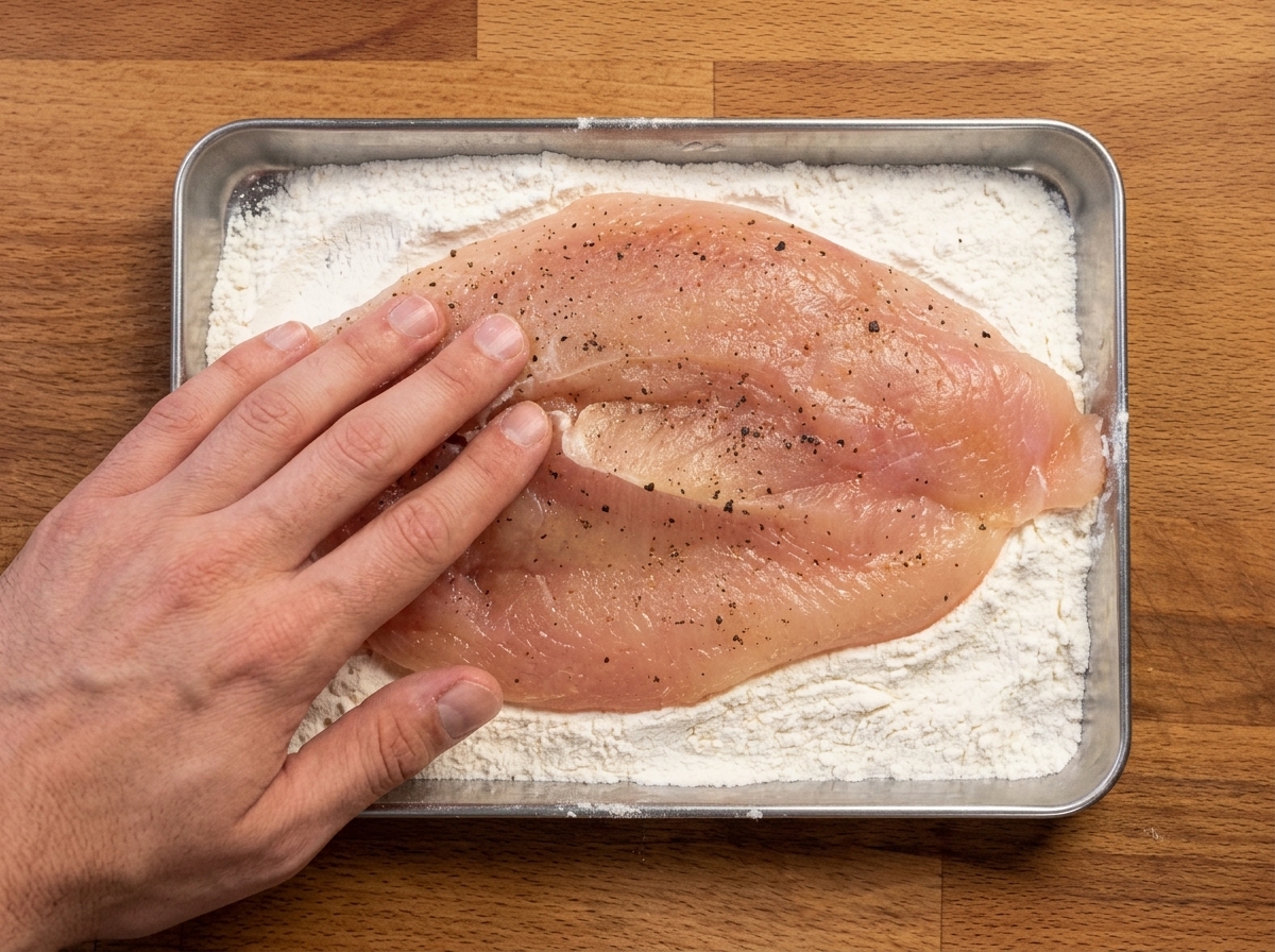 A chicken breast being pressed into a tray of seasoned flour.