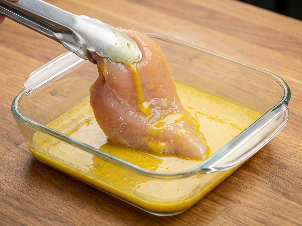 A chicken breast being lifted with tongs from a dish of whisked egg wash.