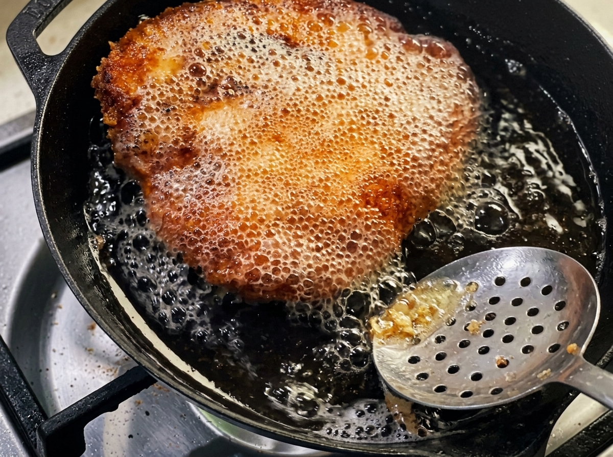 Spoon pouring hot oil over the browning chicken breast in the frying pan.
