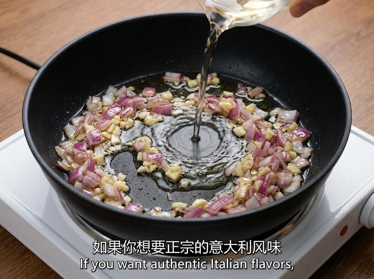 Clear chicken stock being poured from a glass measuring cup into a pan containing sauteed garlic and red onions.