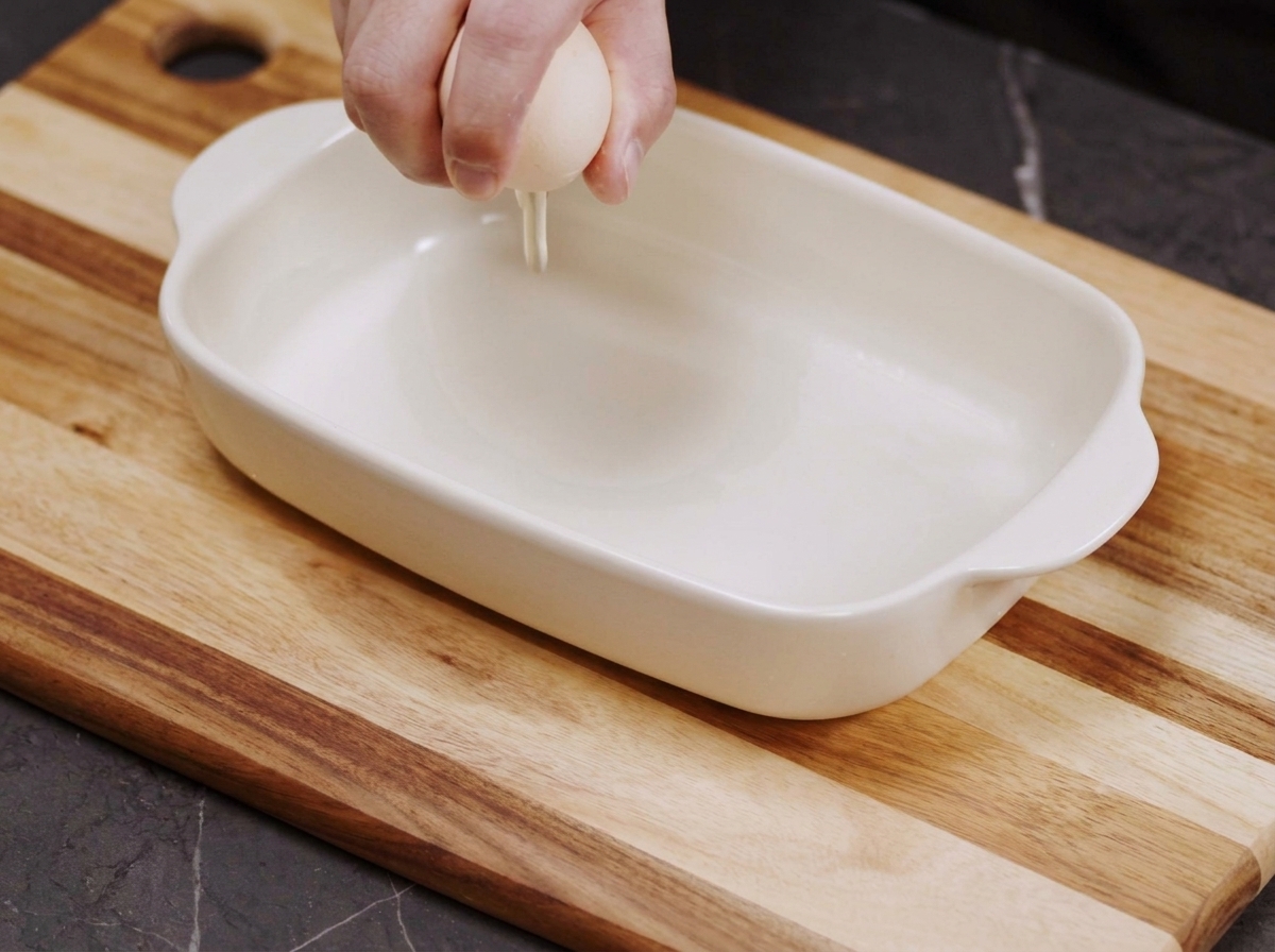 A hand cracking an egg into a white rectangular ceramic dish ready for whisking.