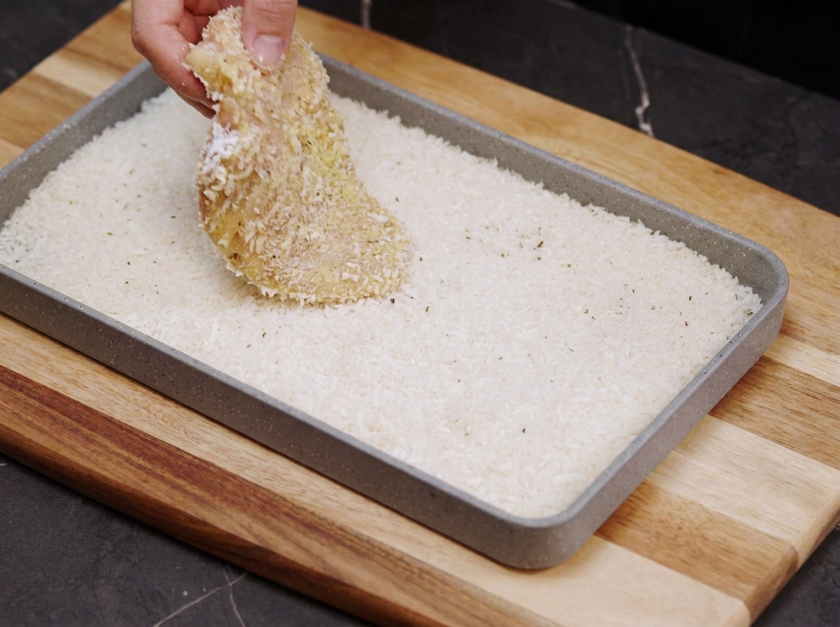 A hand pressing a piece of chicken into a tray filled with breadcrumbs and herbs.