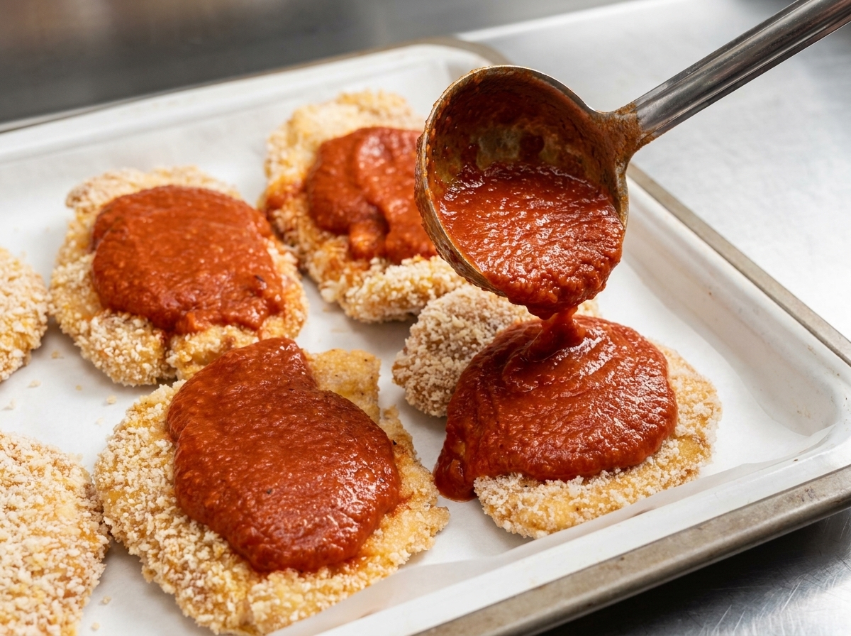 Tomato sauce being ladled onto breaded chicken cutlets arranged on a baking sheet lined with parchment paper.